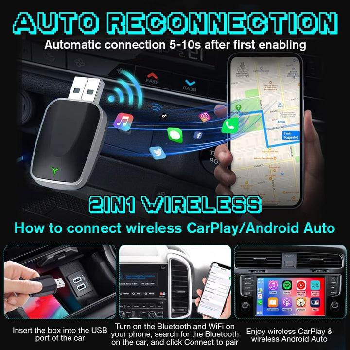 Mini Wireless CarPlay & Android Auto Adapter 2-in-1, Plug & Play, Schnelle Stabile Verbindung, Conve