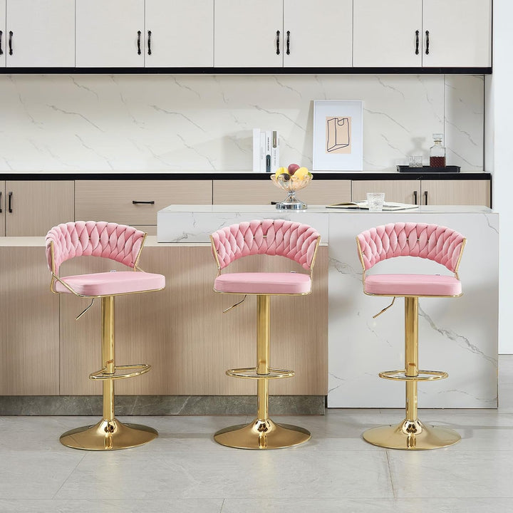 WOLTU Barhocker 2er Set, mit geflochtener Rückenlehne, Samthocker, Rosa | Barstuhl 360° drehbar, höh