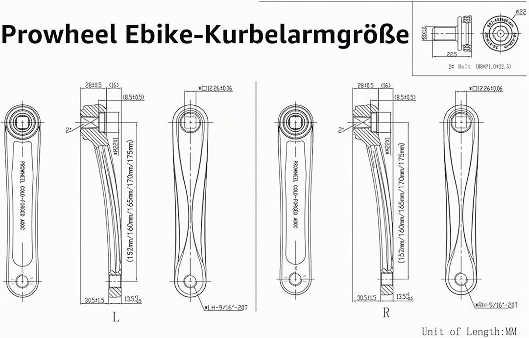 Prowheel Ebike Kurbelarm Erhältlich in Vierkantbohrung,140MM/152MM/160MM/165MM/170MM/175MM Fahrradku