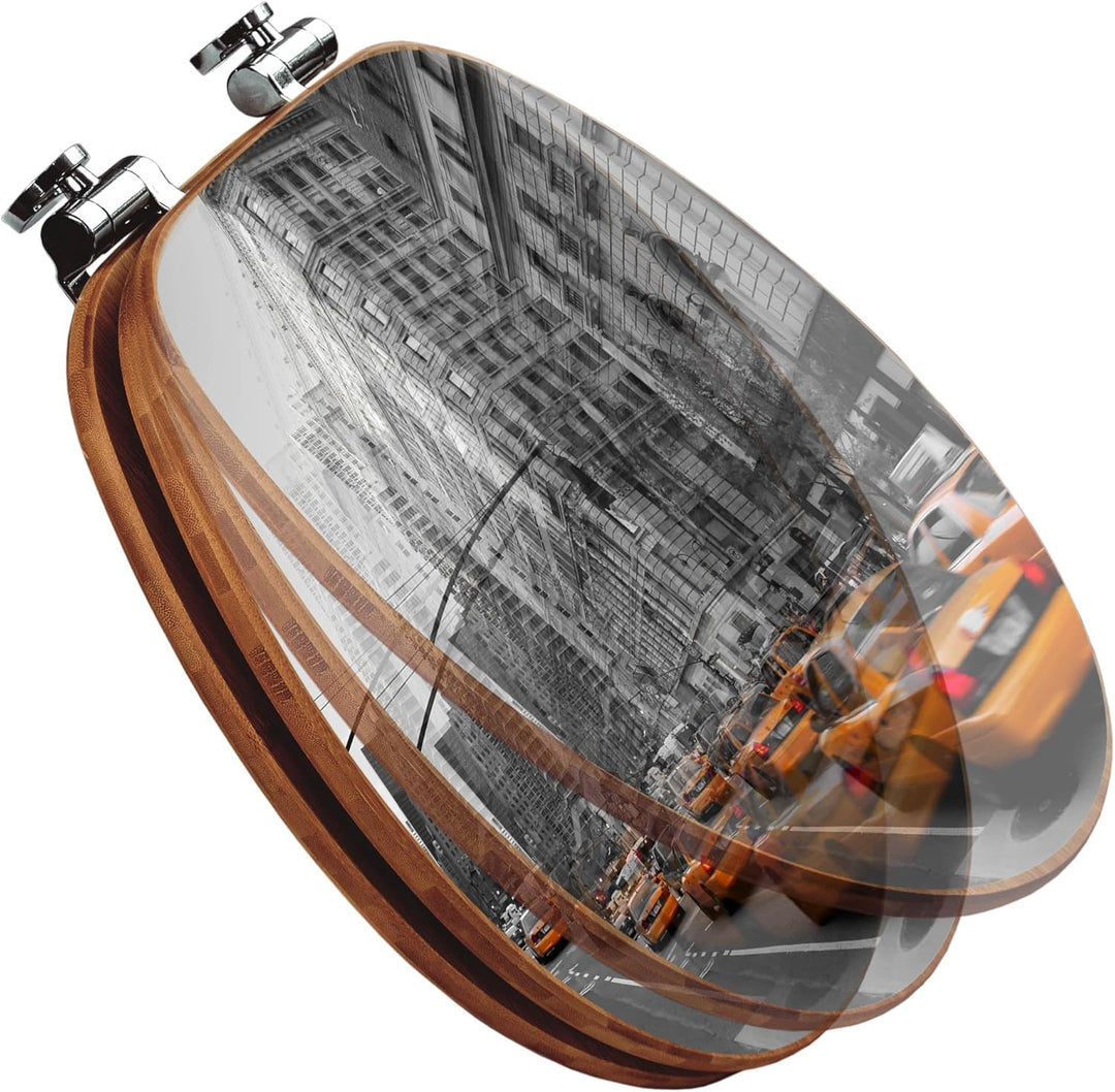 banjado® Design WC Sitz Bambus Absenkautomatik mit Motiv Taxi NY/Toilettendeckel mit Absenkautomatik