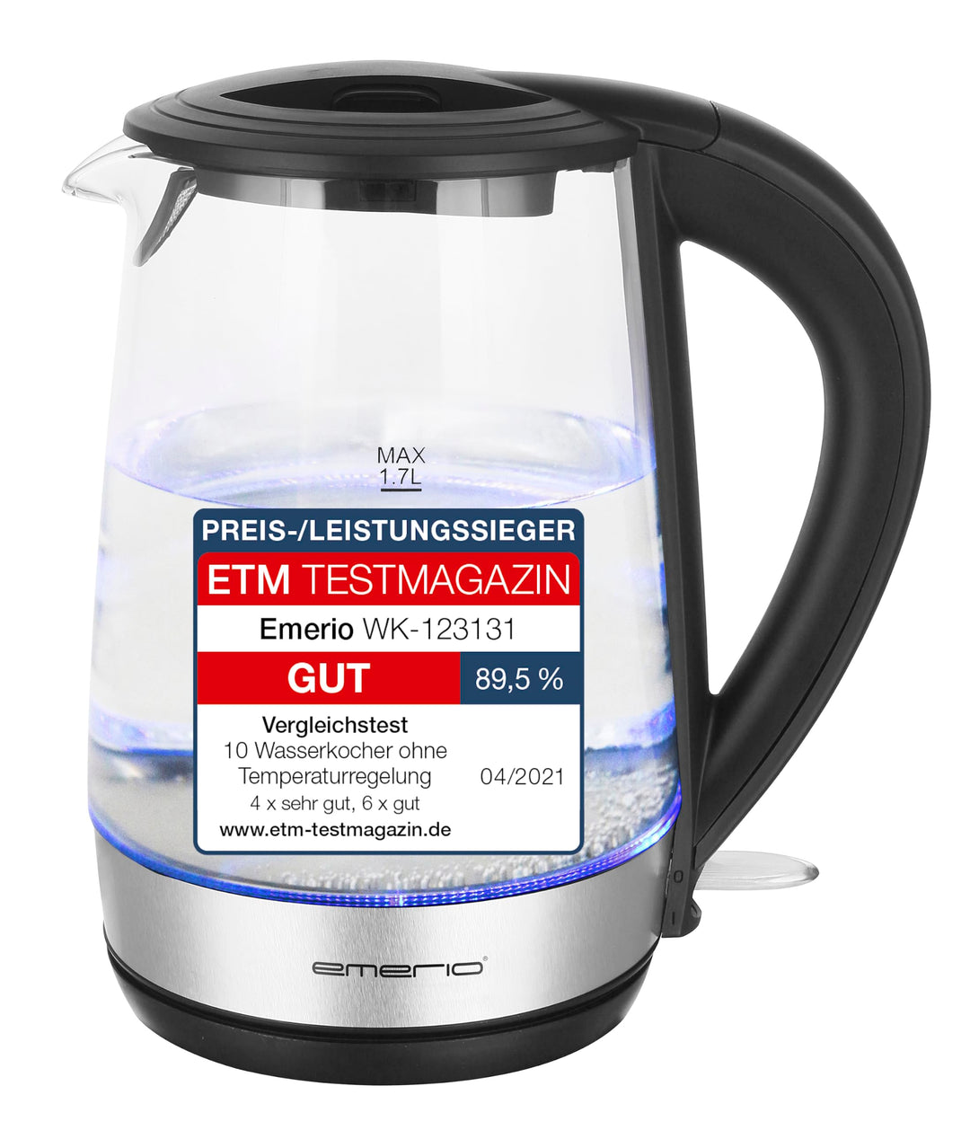 Emerio WK-123131, Glas Wasserkocher 1.7L, BPA frei, bestes Borosilikatglas, 2200 Watt, schöne blaue
