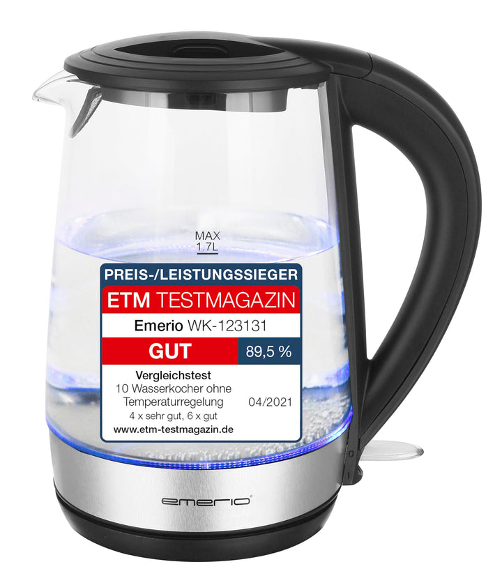 Emerio WK-123131, Glas Wasserkocher 1.7L, BPA frei, bestes Borosilikatglas, 2200 Watt, schöne blaue