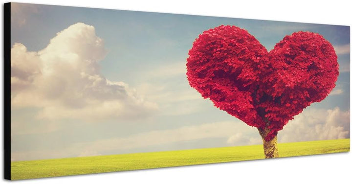 Paul Sinus Art Panoramabild auf Leinwand und Keilrahmen 150x50cm Wiese Baum Herz Wolken Frühling