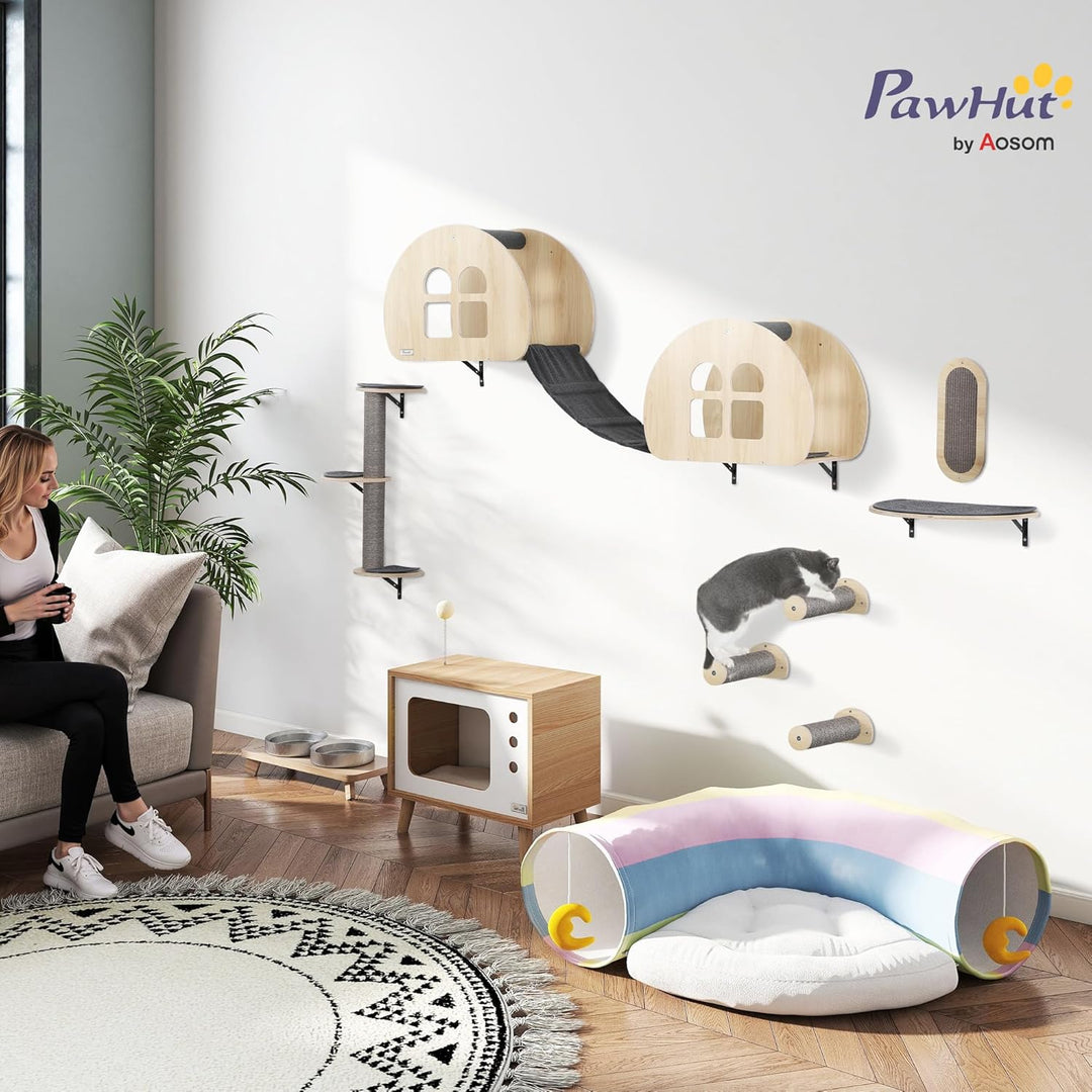 PawHut Kletterwand Katzen 7-teilig Katzenkletterwand Set mit Sisalpfostenleiter Plattform Katzen Wan