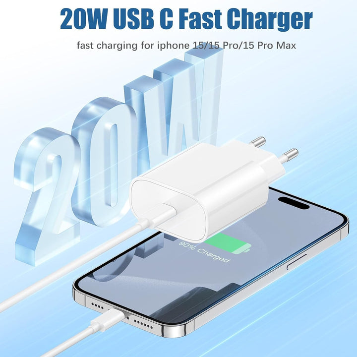 2Pack iPhone 15 16 Ladegerät mit Ladekabel, 20W USB C Power Adapter Schnellladegerät mit Schnelllade