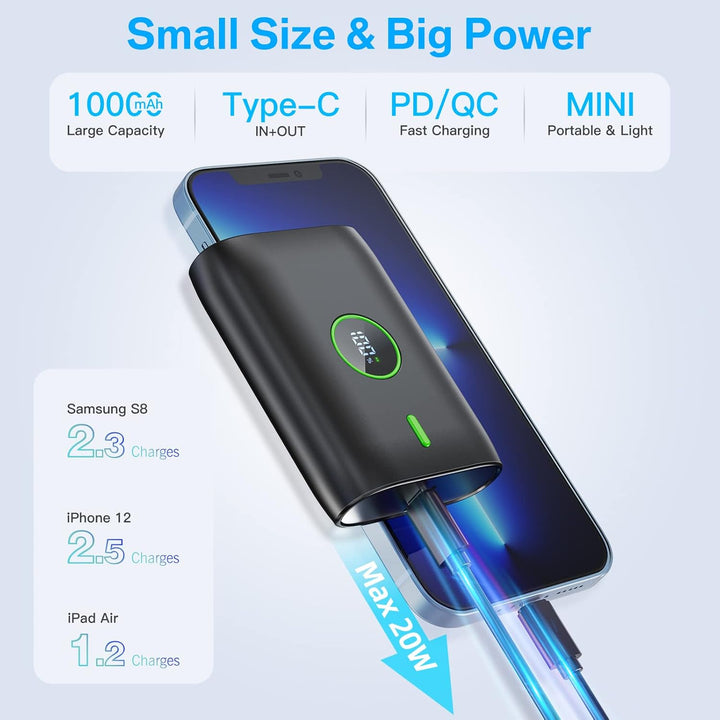 Power Bank 10000 mah,22.5W powerbank klein Aber stark mit led-anzeige,12v Ausgang,Mini powerbank Ext