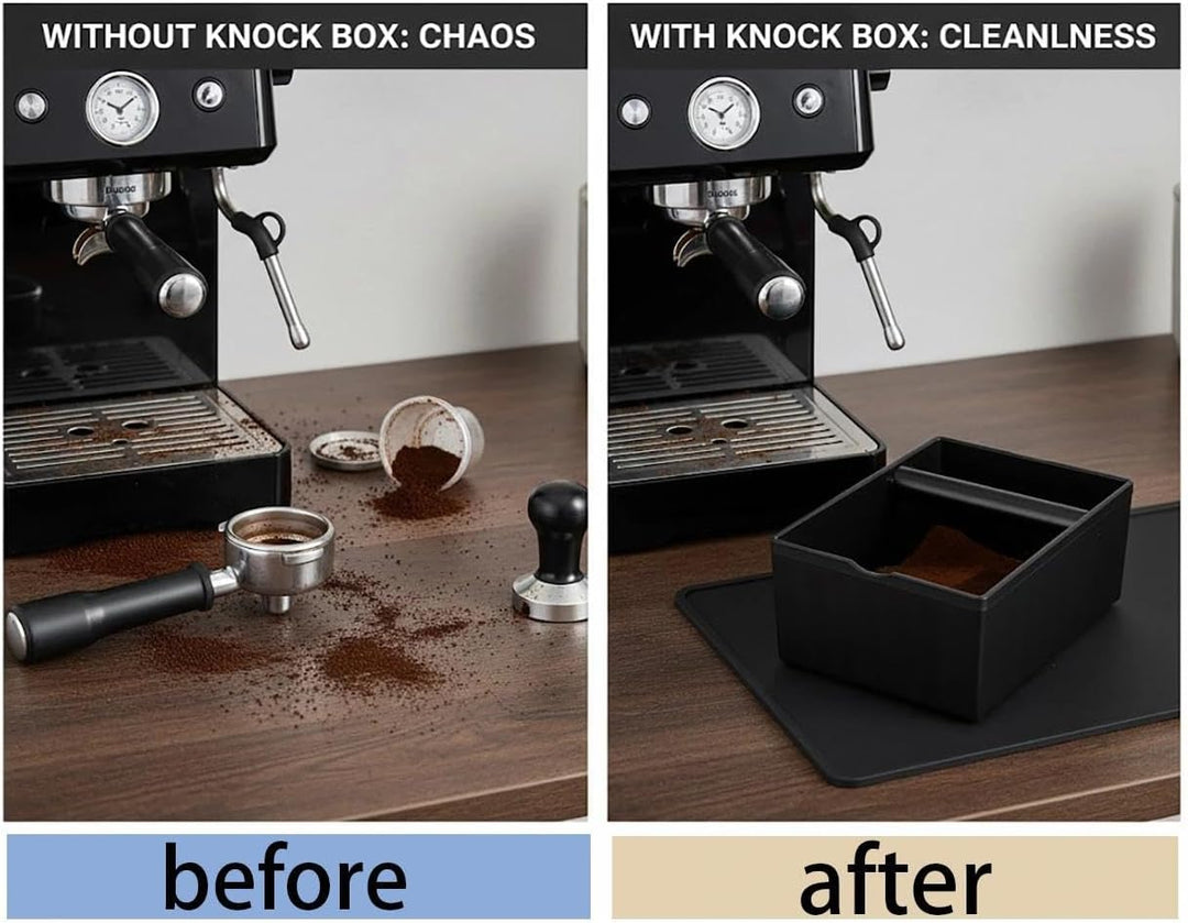Premium Quadratische Espresso Knock Box ABS Abklopfbehälter mit stossdämpfender Klopfstange & Gummib