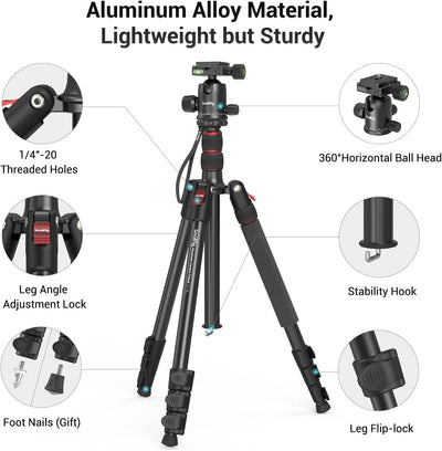 SMALLRIG 71" Kamera-Stativ, faltbares Aluminium-Stativ Einbeinstativ, 360°Kugelkopf abnehmbar und Sc