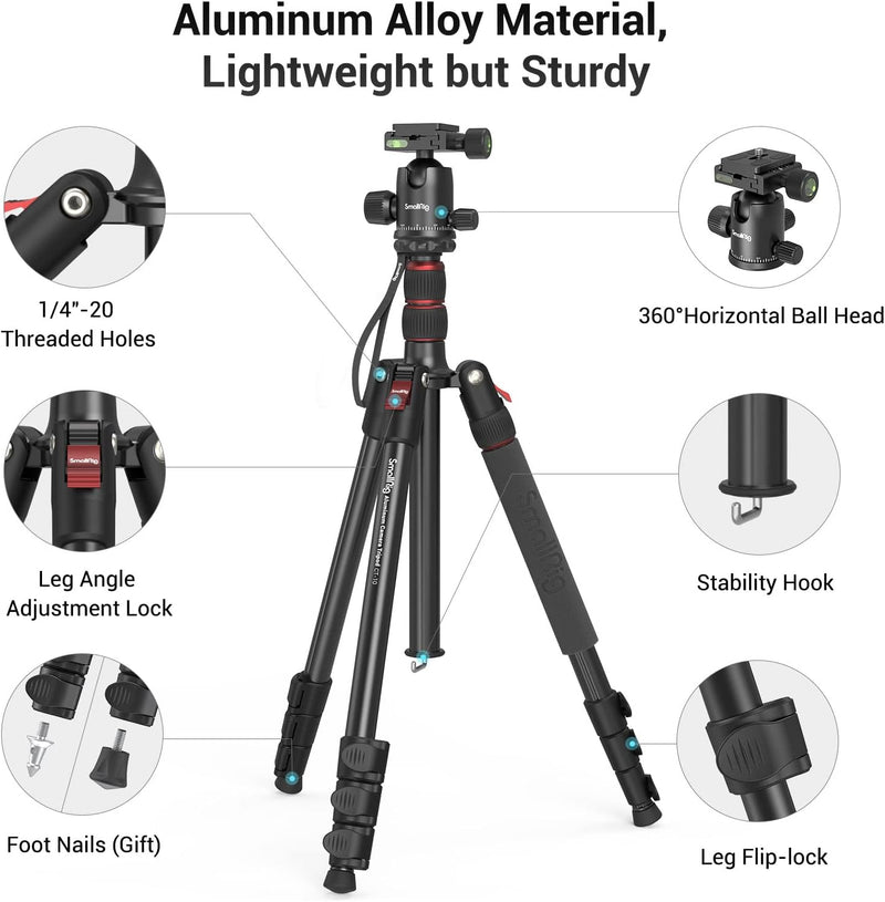 SMALLRIG 71" Kamera-Stativ, faltbares Aluminium-Stativ Einbeinstativ, 360°Kugelkopf abnehmbar und Sc