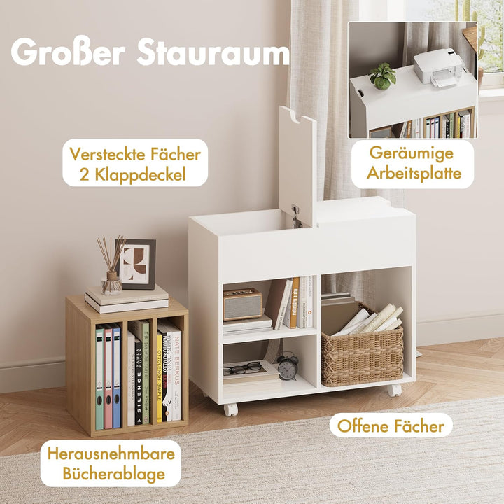 Rollcontainer,Mobiler Aktenschrank mit 4 Rollen,Büroschrank mit Abnehmbarer Bücherablage,2 Klappdeck