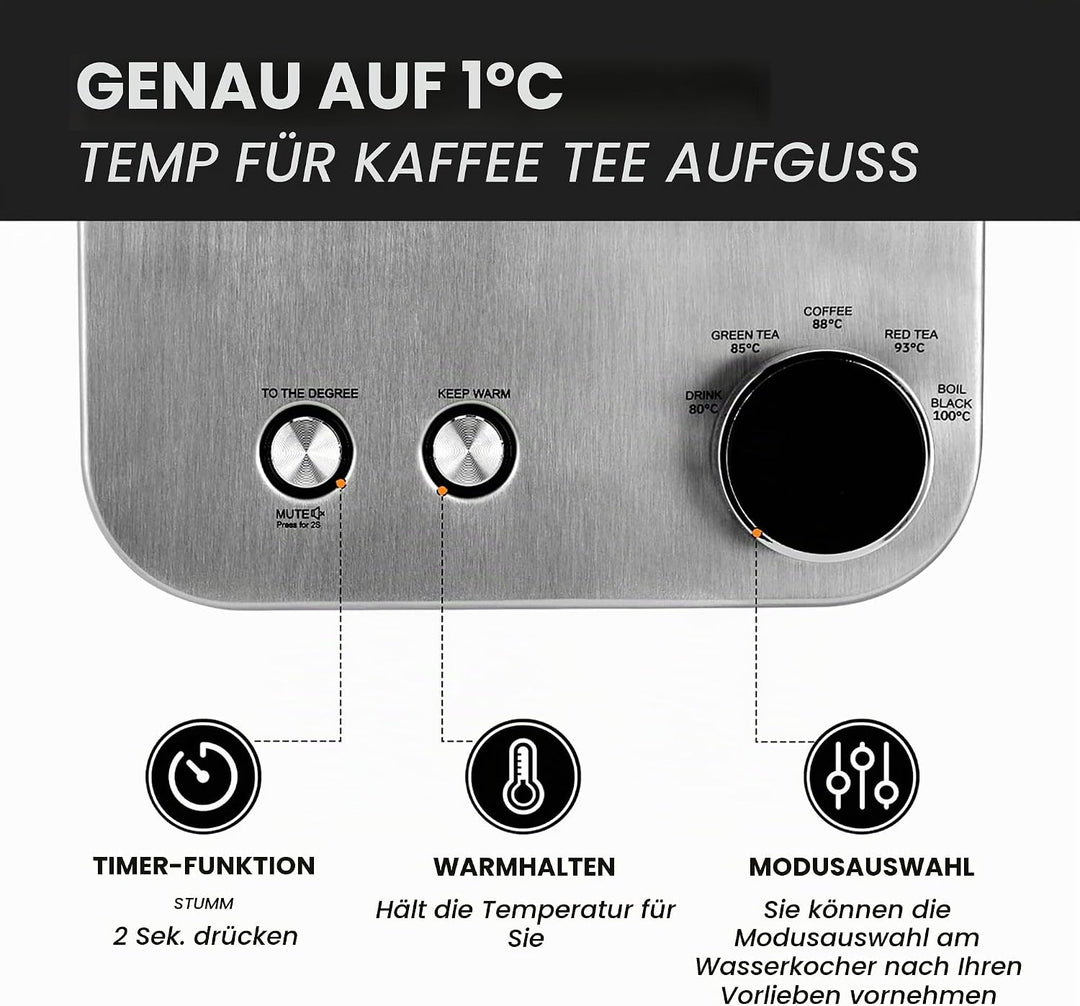 KUPU Glas Wasserkocher mit Temperatureinstellung, 1,6L Wasserkocher, 2200 Watt schnelles Aufheizen,