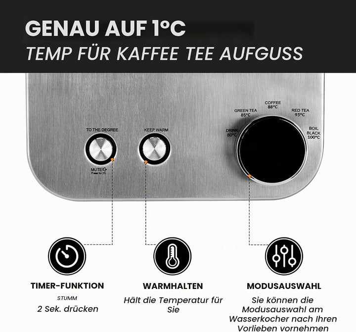KUPU Glas Wasserkocher mit Temperatureinstellung, 1,6L Wasserkocher, 2200 Watt schnelles Aufheizen,