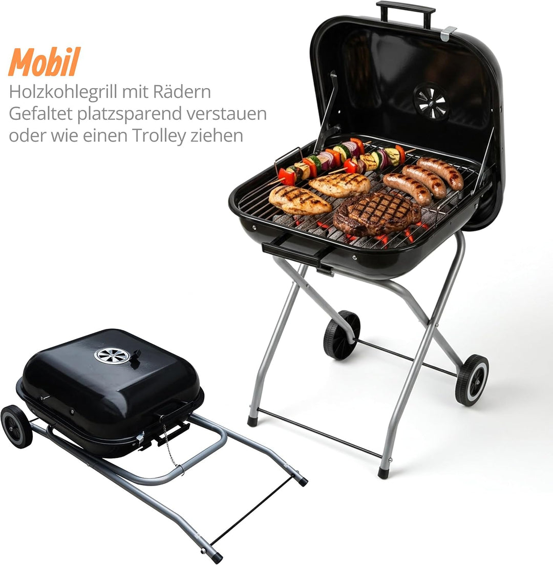 Relaxdays mobiler Holzkohlegrill mit Deckel &amp; Rollen, faltbarer Campinggrill, Balkon, Garten &amp; Park,
