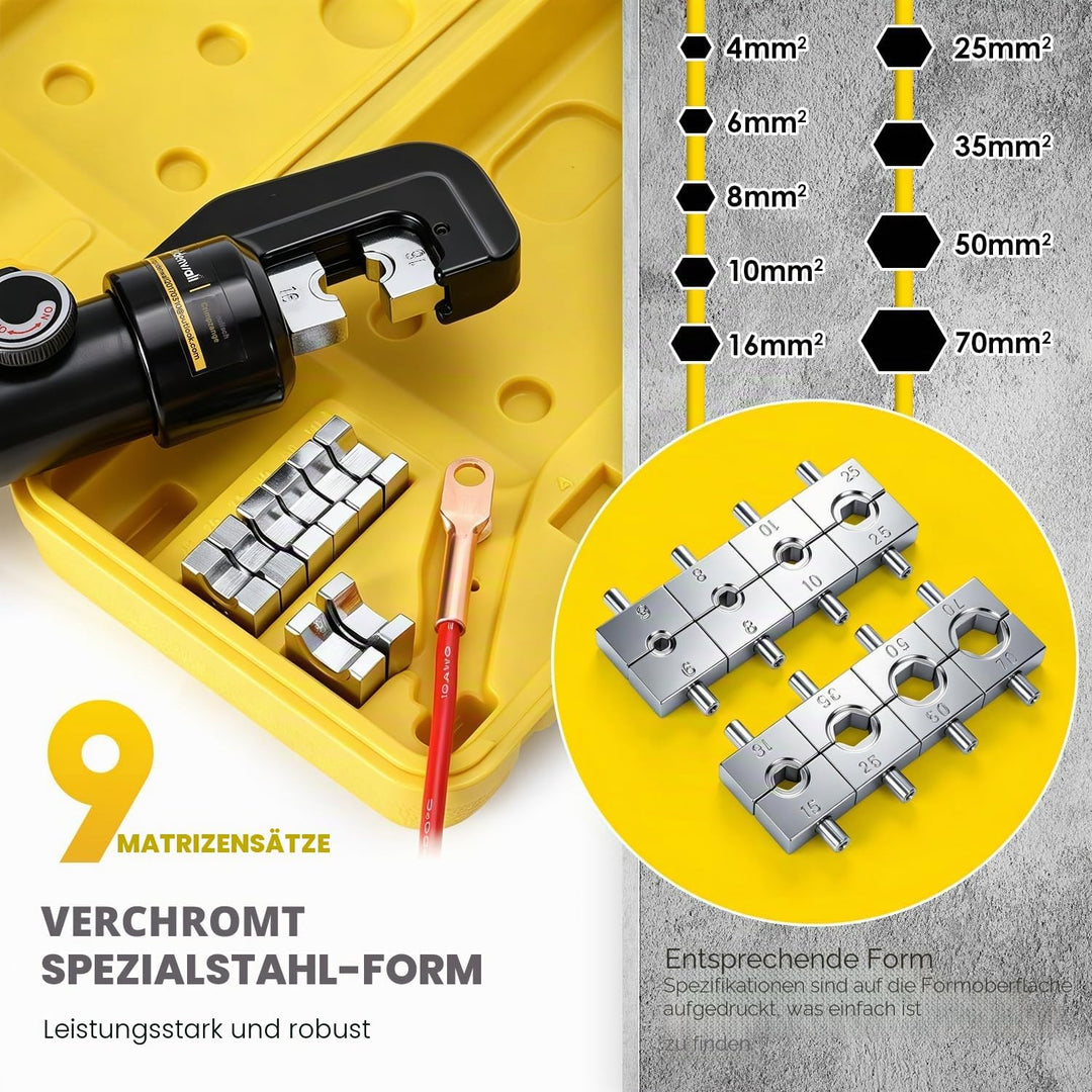 CGOLDENWALL 10T Hydraulische Crimpzange mit 9 Sätzen der Crimpformen 4-70 mm² für Kupfer-Aluminium-K