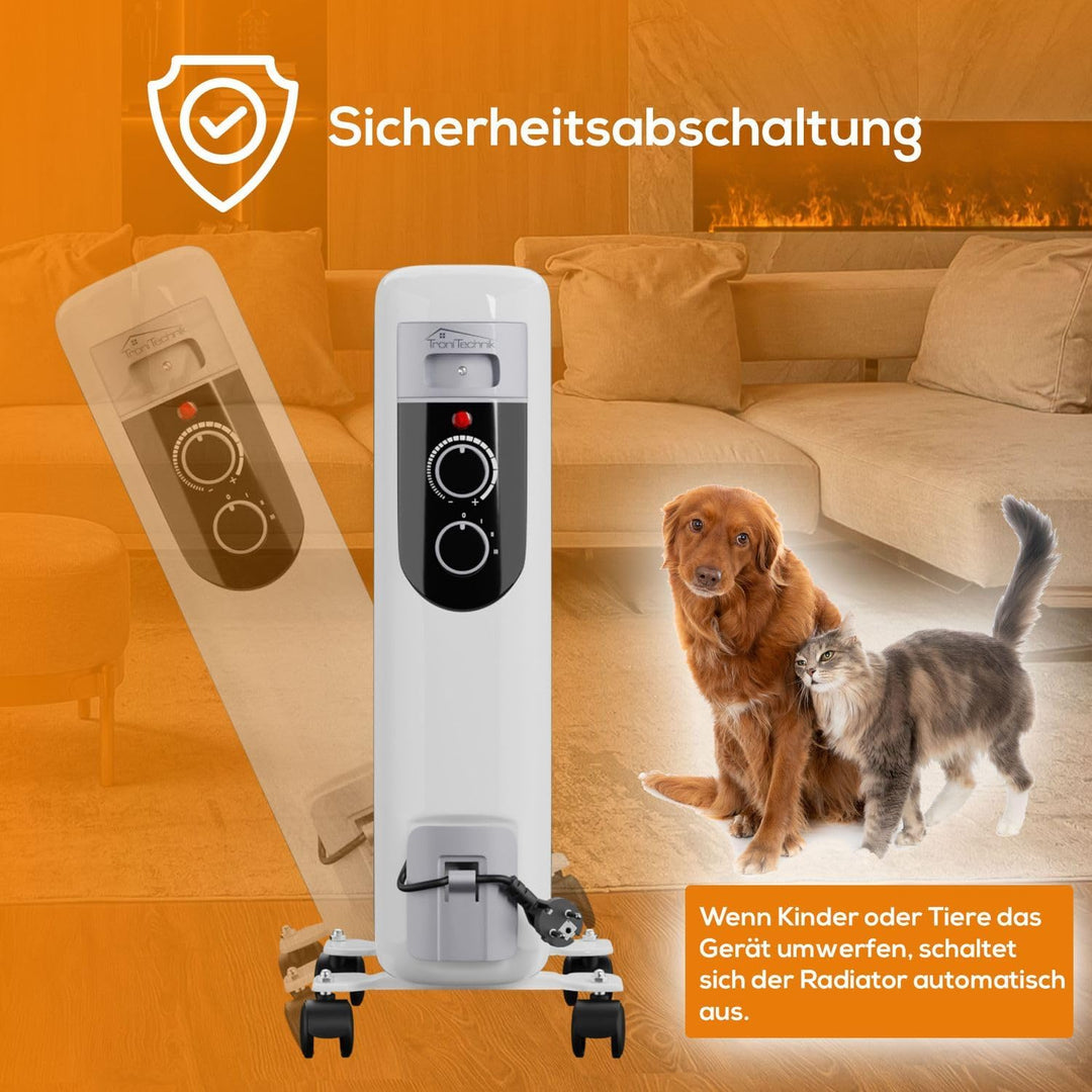 TroniTechnik® Ölradiator OR-107 7 Rippen 1500 W Thermostat weiss | 3 Heizstufen, Kippschutz, 4 Lenkr