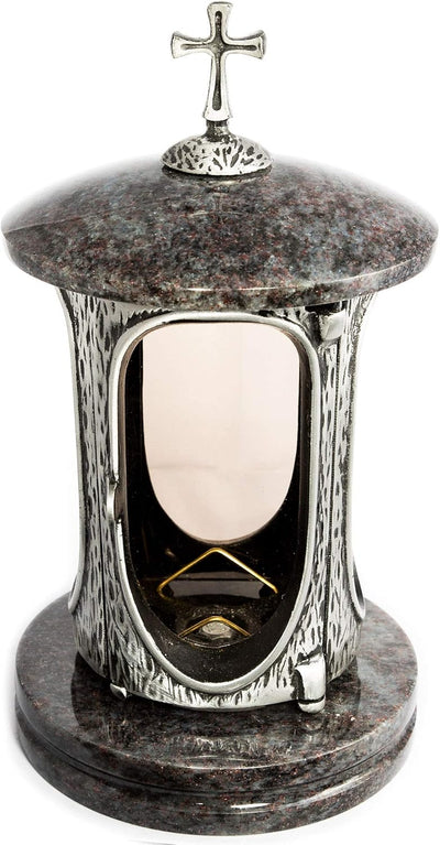 Stilvolle Grablaterne Anthrazit mit Kreuz Granit Orion dunkel Höhe 27 cm/Ø 15 cm Grableuchte Grablic