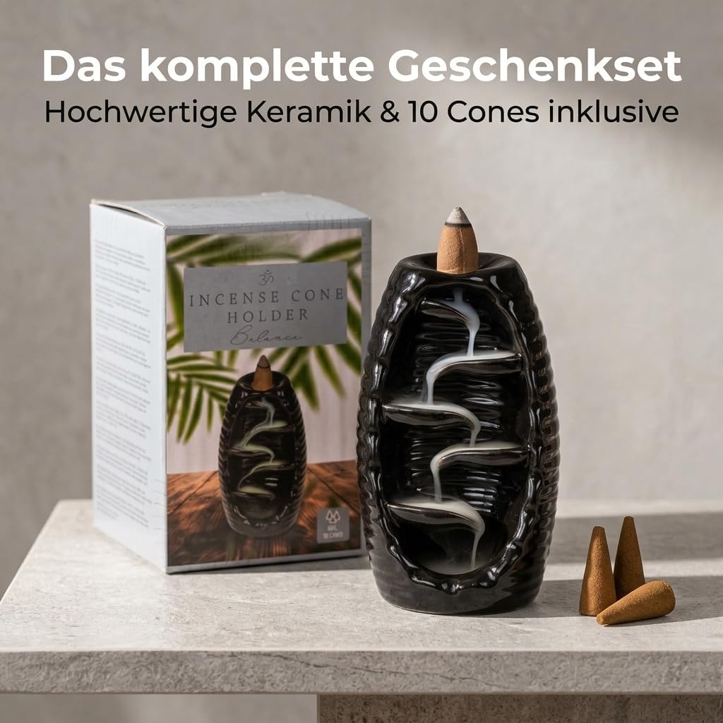 MIJOMA Rückfluss Räucherkegelhalter aus Schwarzer Keramik, Wasserfall-Räucherkegelhalter, Weihrauchb