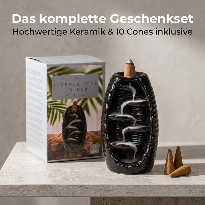 MIJOMA Rückfluss Räucherkegelhalter aus Schwarzer Keramik, Wasserfall-Räucherkegelhalter, Weihrauchb