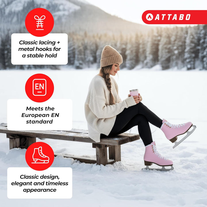 ATTABO Eiskunstlauf Schlittschuhe Damen ISLA Schwarz Grösse 37-41EU Edelstahlkufe Ideal für Anfänger