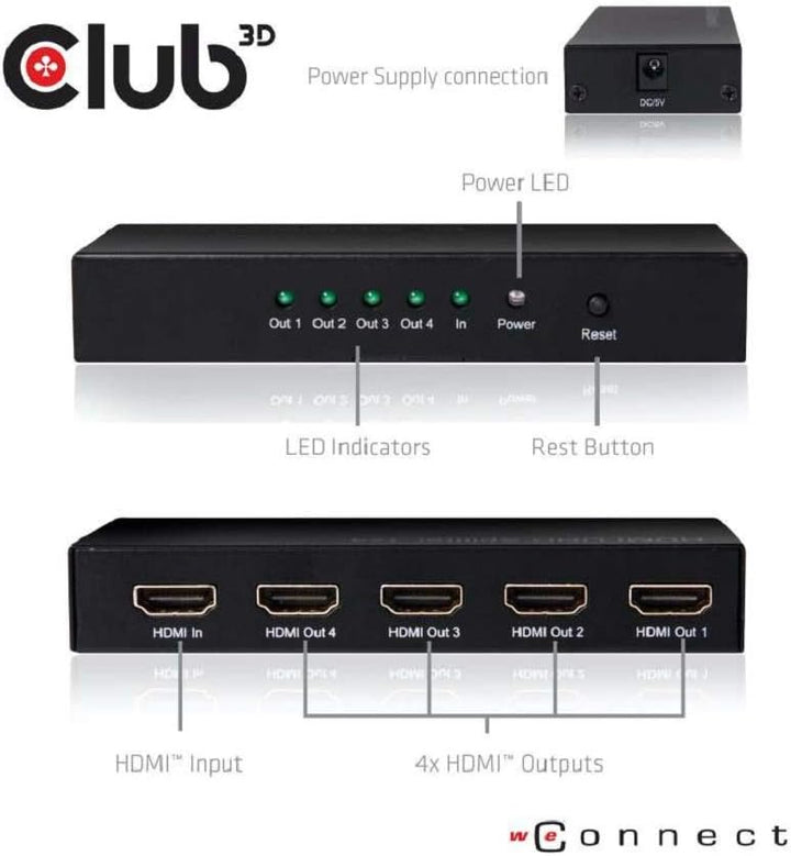 Club 3D CSV-1380 HDMI Splitter 1 Eingang auf 4 Ausg. 4K60Hz UHD retail Schwarz, CSV-1380