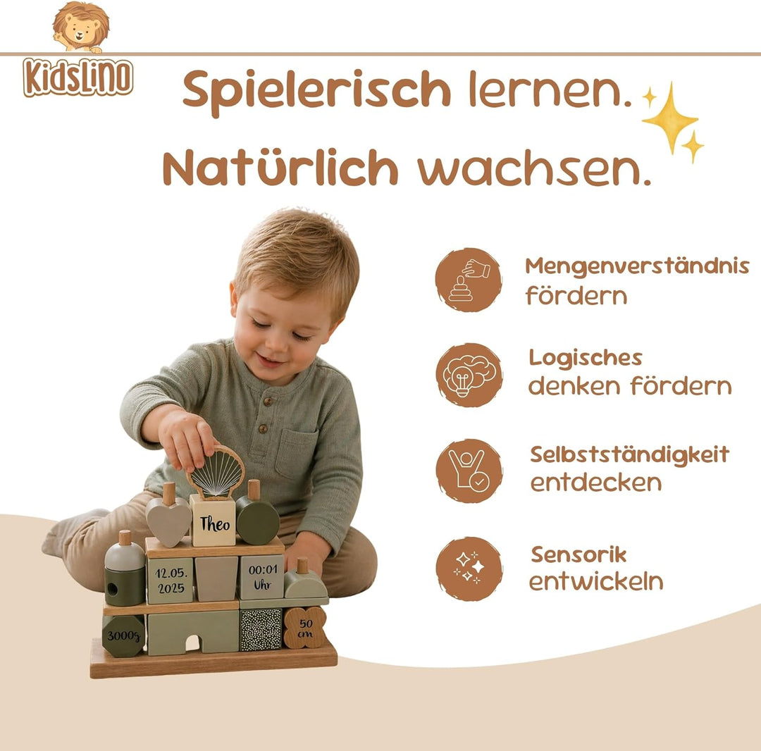 Personalisiertes Holz Steckspiel Haus Olivgrün – Baby Geschenk zur Geburt für Jungen & Mädchen – mit