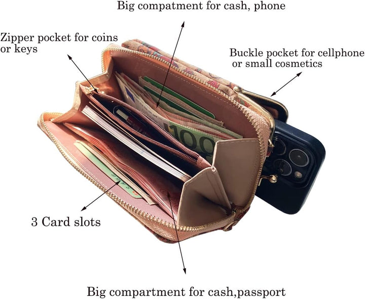 aolaso Kork Handytasche zum Umhängen Damen, Kleine Schultertasche Handytasche zum Umhängen mit Karte