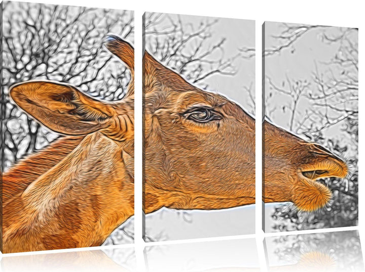 anmutige Giraffe isst schwarz/weiss Deluxe 3-Teiler Leinwandbild 120x80 Bild auf Leinwand, XXL riesi