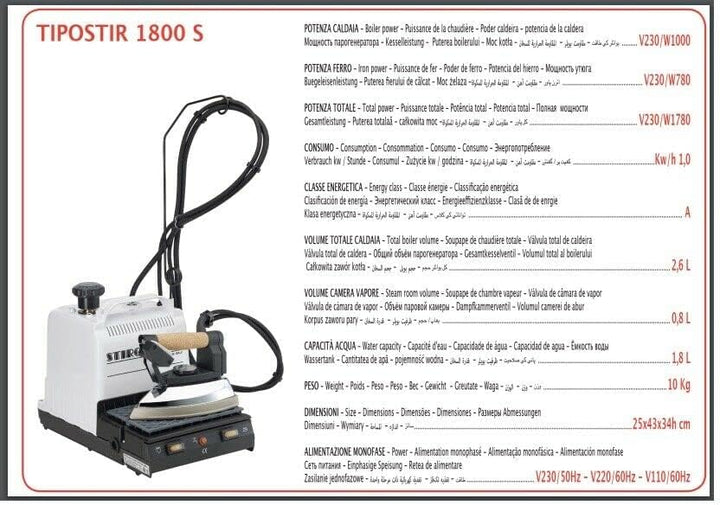 STIROLUX TIPOSTIR 1800 S Professionelles Bügeleisen mit Druckkessel aus Aluminium - Fassungsvermögen