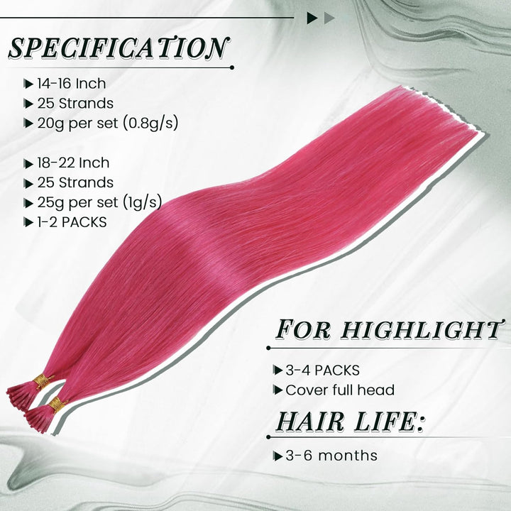 RUNATURE 40cm I Tip Human Hair Extensions Keratin Hot Pink Itips Hair Extensions Human Hair Rosa Sti