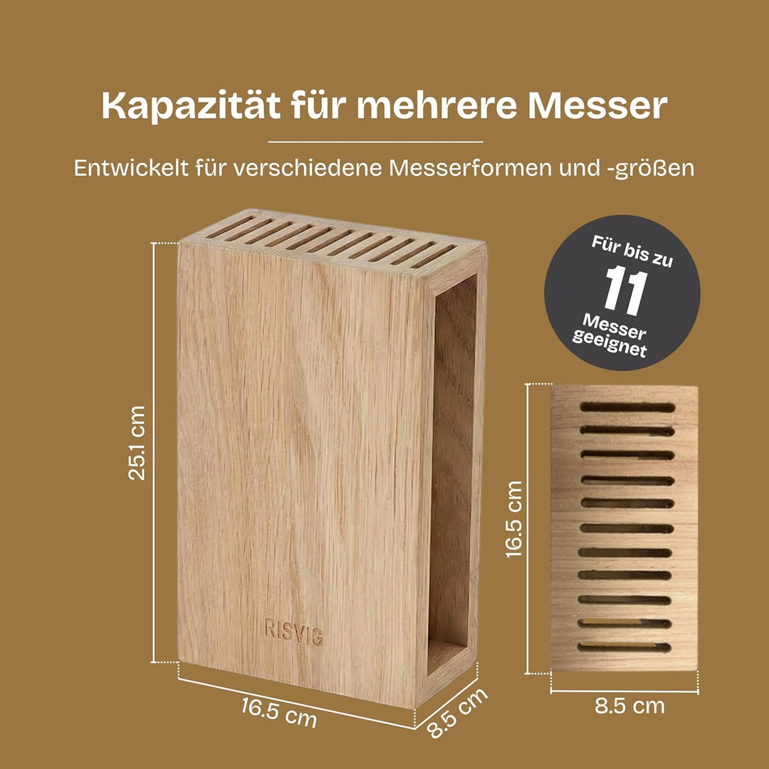 Lignus Messerblock aus Premium Eichenholz – Designer Messerhalter für 11 Messer – Antibakterielles E
