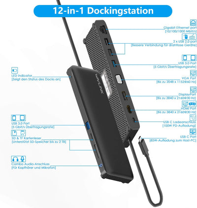 Station d'accueil USB C à Triple affichage WAVLINK Avec Displayport, HDMI et VGA, fonction de Charge