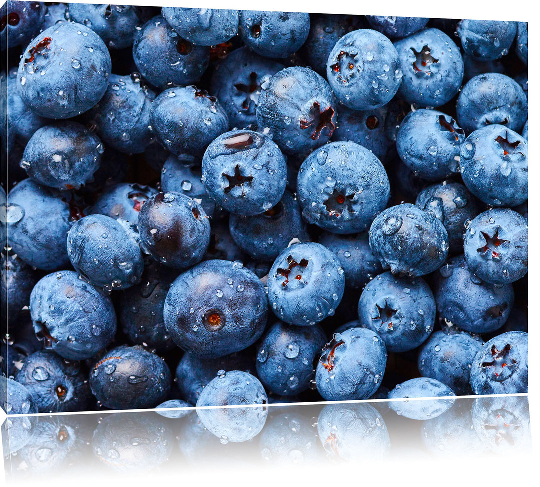 Pixxprint Blaubeeren mit Wassertropfen / 100x70cm Leinwandbild bespannt auf Holzrahmen/Wandbild Kuns