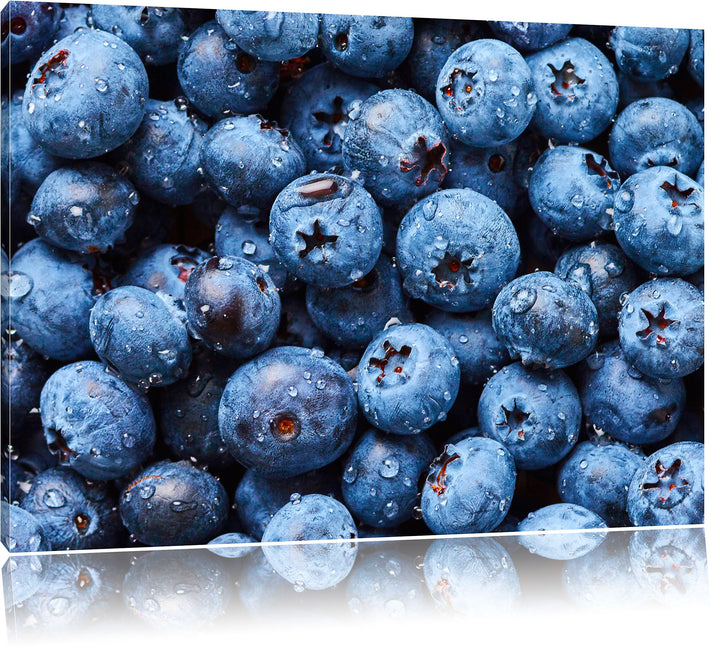 Pixxprint Blaubeeren mit Wassertropfen / 100x70cm Leinwandbild bespannt auf Holzrahmen/Wandbild Kuns