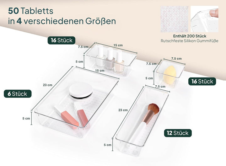 uandu Schubladen Organizer 50er Set mit 4 Grössen – Schminktisch & Kosmetik Aufbewahrung für Schubla