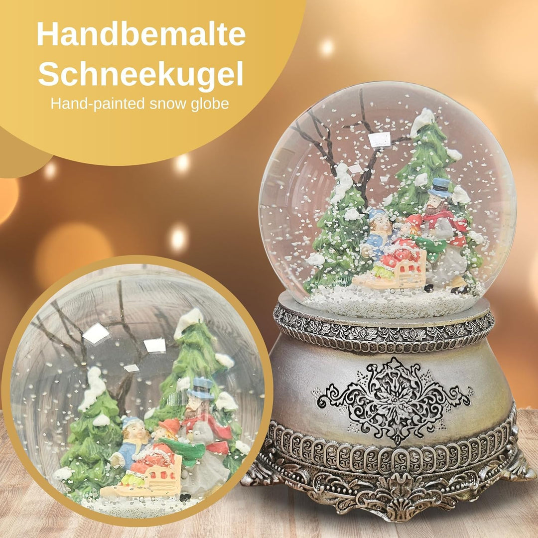 Weihnachts-Schneekugel mit Musik | Schneekugel Winterspaziergang mit Familie | Sockel Zinnoptik Orna