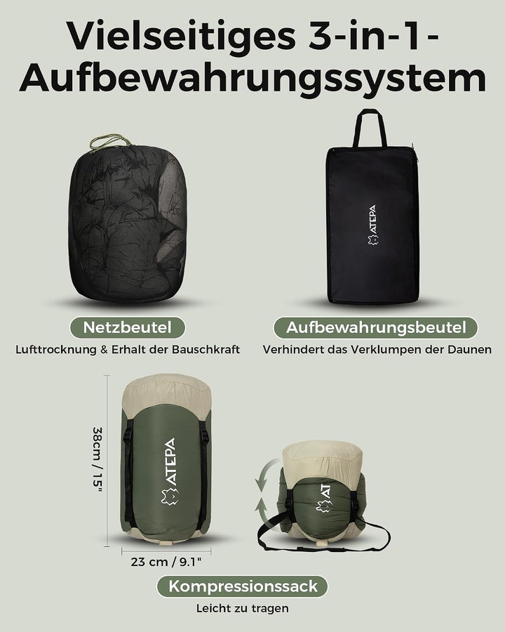 ATEPA Premium RDS Daunen Schlafsack ISO-Zertifiziert, 700FP Entendaune Extra Breit für Kaltes Wetter