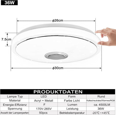 YRHome 36W LED Deckenleuchte Dimmbar mit Bluetooth Lautsprecher Deckenlampe Sternenhimmel RGB Farbwe