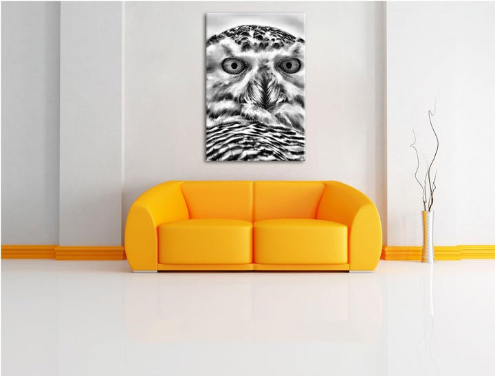 Monocrome, Schnee-Eule , Format: 100x70 auf Leinwand, XXL riesige Bilder fertig gerahmt mit Keilrahm