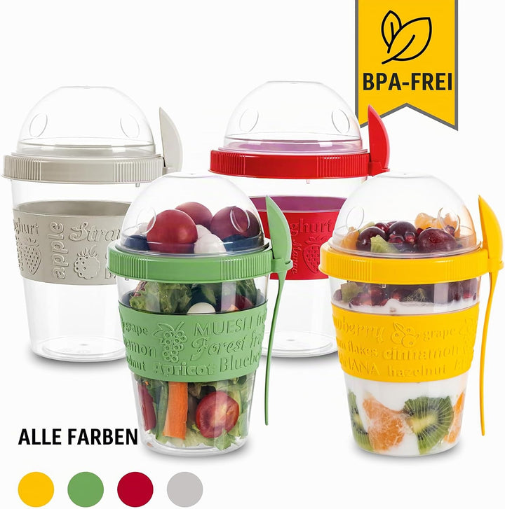 spar-home® 4er Set Joghurtbecher To Go 600ml –Müslibecher To Go mit Löffel Müsli To Go Becher mit De