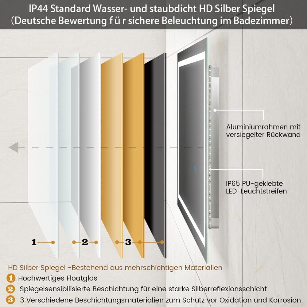 Badspiegel mit Beleuchtung 90x60 cm LED Spiegel Bad mit Touch-Schalter Beschlagfrei Badezimmerspiege