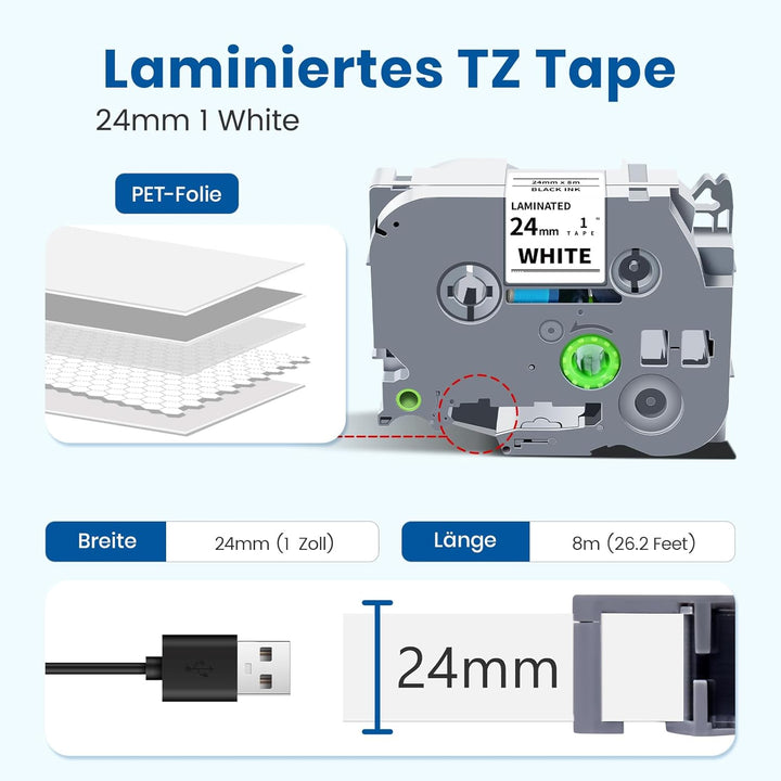 TZe 251 24mm Kompatibel mit Brother TZe-251 P710BT P-Touch Cube Schriftbänder TZ251 1'' Bänder Kompa