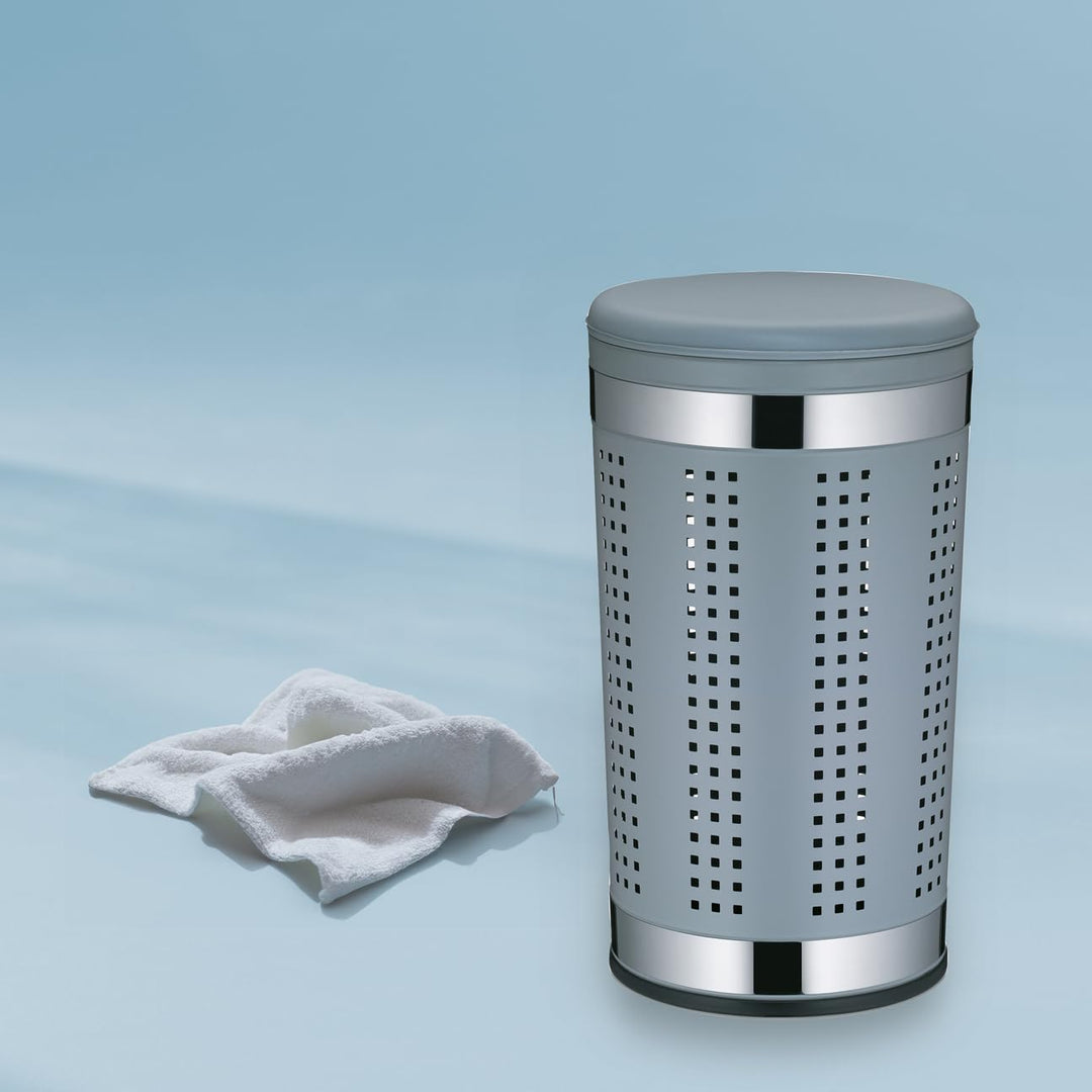 kela 21819 Wäschetruhe mit Sitzkissen, Rund, 60,5 cm Höhe, Metall, Sevilla, Hellgrau Hellgrau Metall