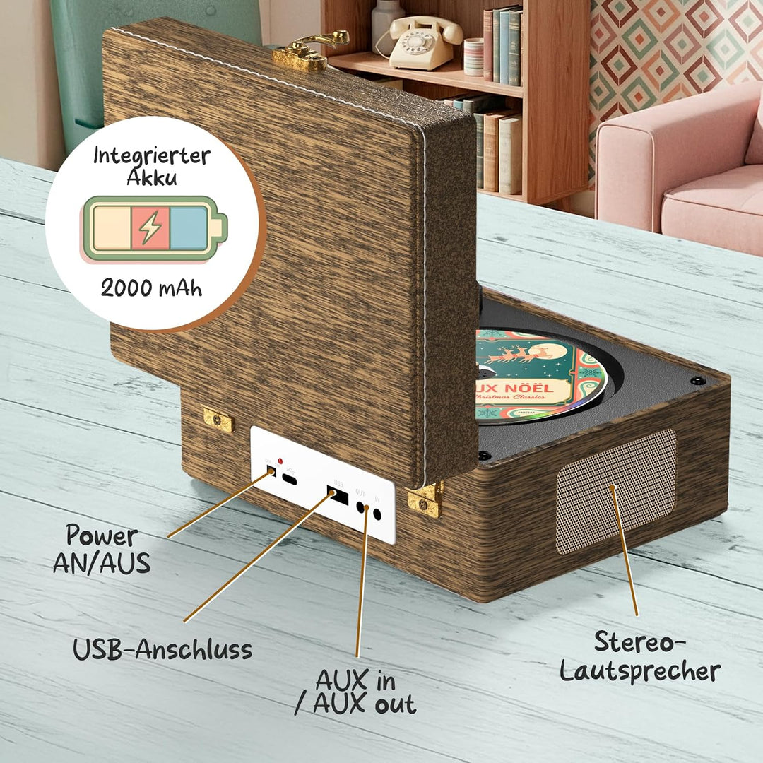 Retro CD Player mit Lautsprecher Bluetooth und Akku | Mit 2000 mAh Kapazität und Schnellladung per U