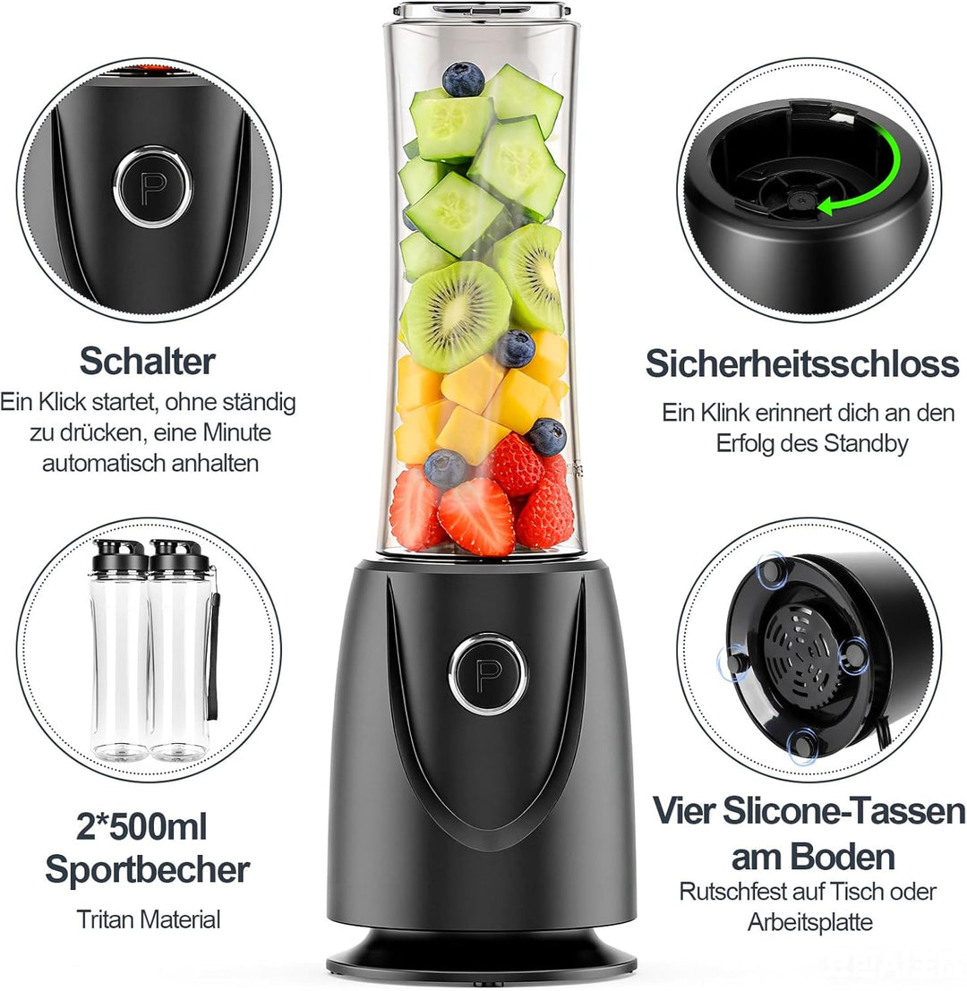 OMMO Mixer Smoothie Maker, 500W Mini Standmixer mit 2x500ml Flaschen BPA Frei Tritan, Tragbarer Blen