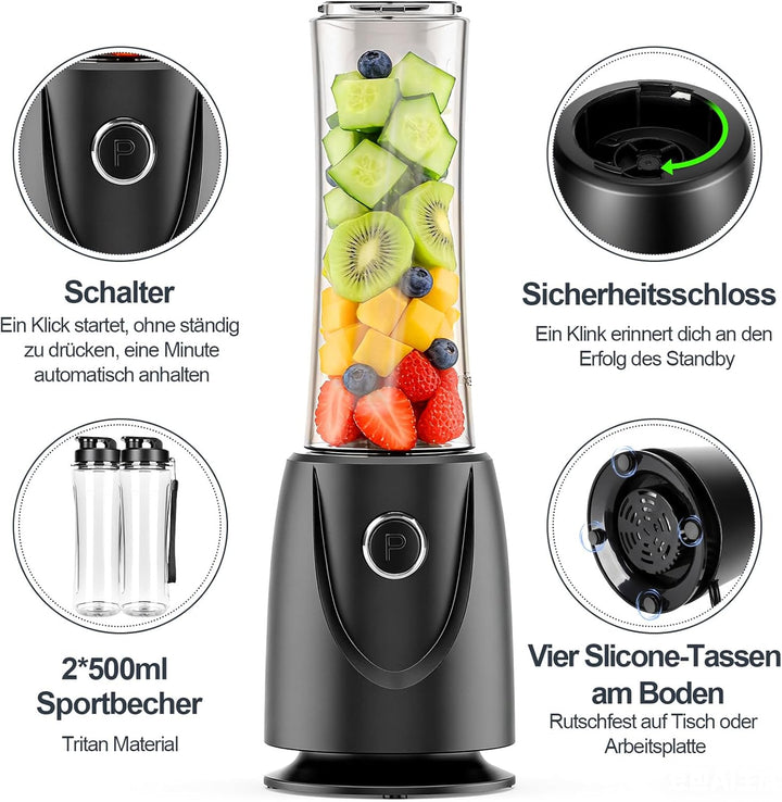 OMMO Mixer Smoothie Maker, 500W Mini Standmixer mit 2x500ml Flaschen BPA Frei Tritan, Tragbarer Blen