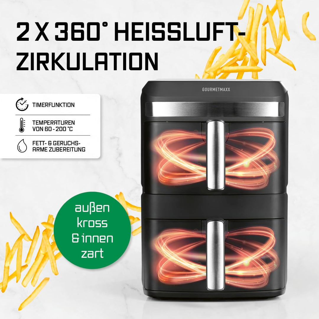 GOURMETmaxx FryUp XL vertikale Doppelkammer Heissluftfritteuse - 12 L | Airfryer mit Multi-Colour LE