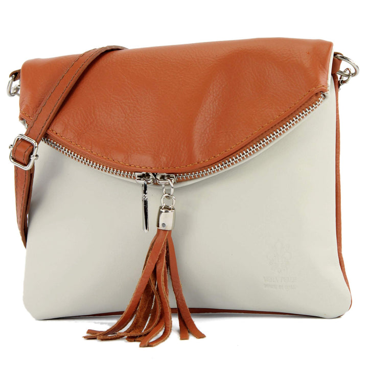 modamoda de - T139 - ital Umhängetasche Klein aus Nappaleder Creme/Cognac, Creme/Cognac