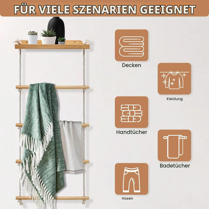 5-Schicht Handtuchhalter Wand Montage, 2-in-1 Multifunktionales Holz Handtuchständer Badezimmer, Han