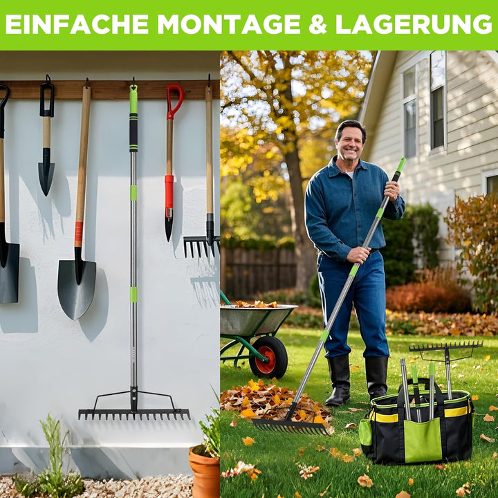 WORKPRO Bogenrechen Garten mit Stiel, 17 Zinken Rechen, Verstellbare & Abnehmbare Harke 86–165 cm, S