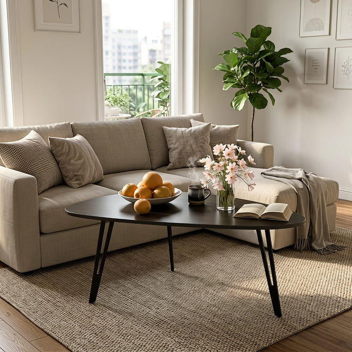 Manora Ovaler Couchtisch Schwarz Holz mit Stabilen Metallbeinen,Couchtisch Rund Schwarz, Moderner So